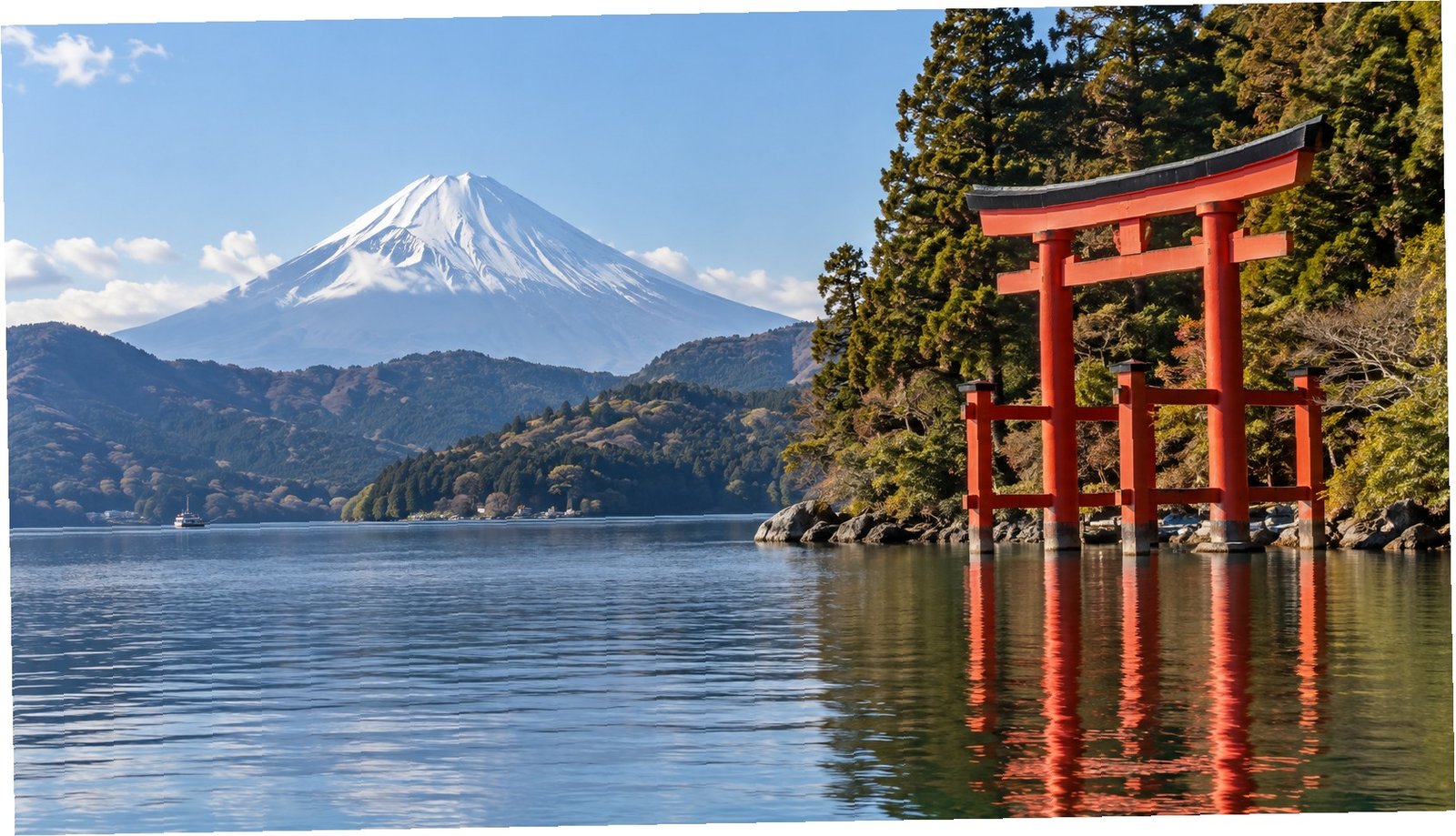 Torii rosso sul lago Ashi con il monte Fuji sullo sfondo