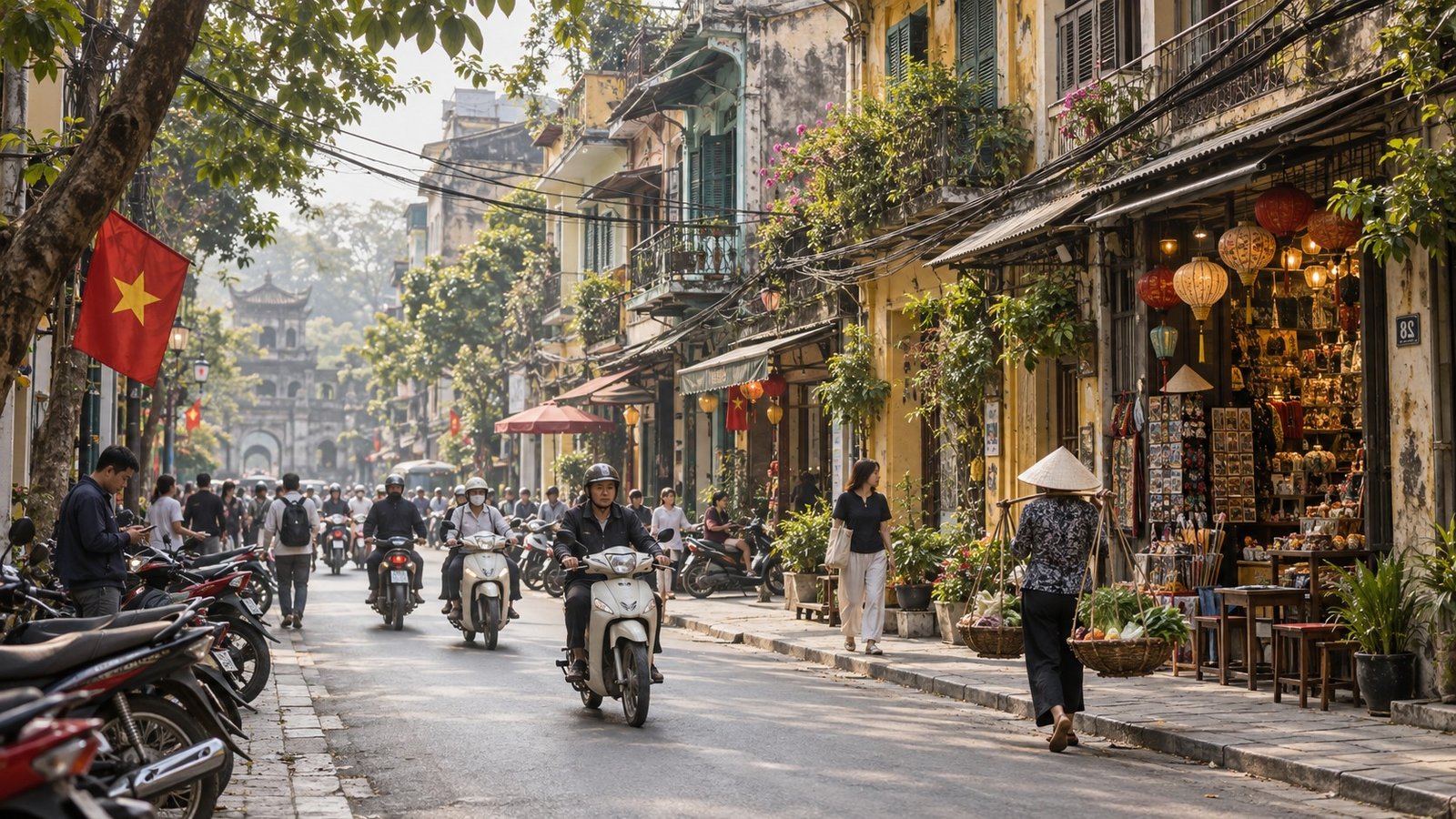 Strada del Quartiere Vecchio di Hanoi con facciate tradizionali