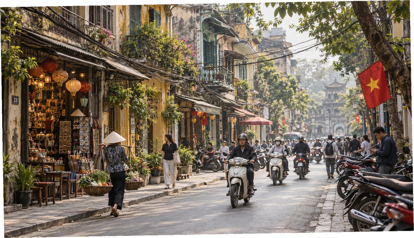 Strada del Quartiere Vecchio di Hanoi con facciate tradizionali