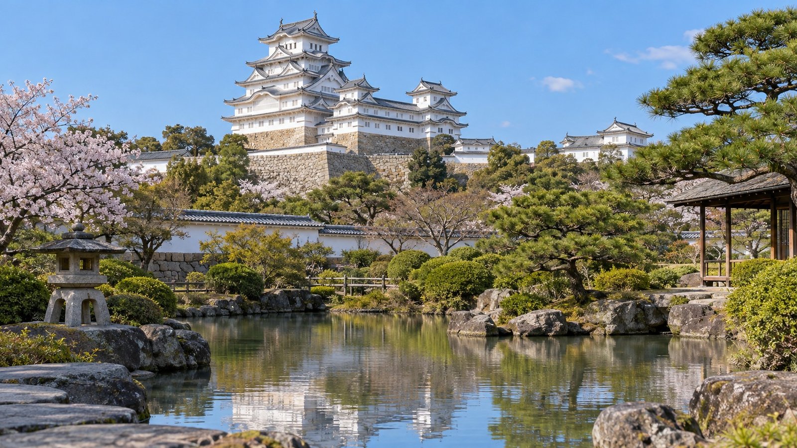 Il castello bianco di Himeji visto dal giardino in una giornata limpida