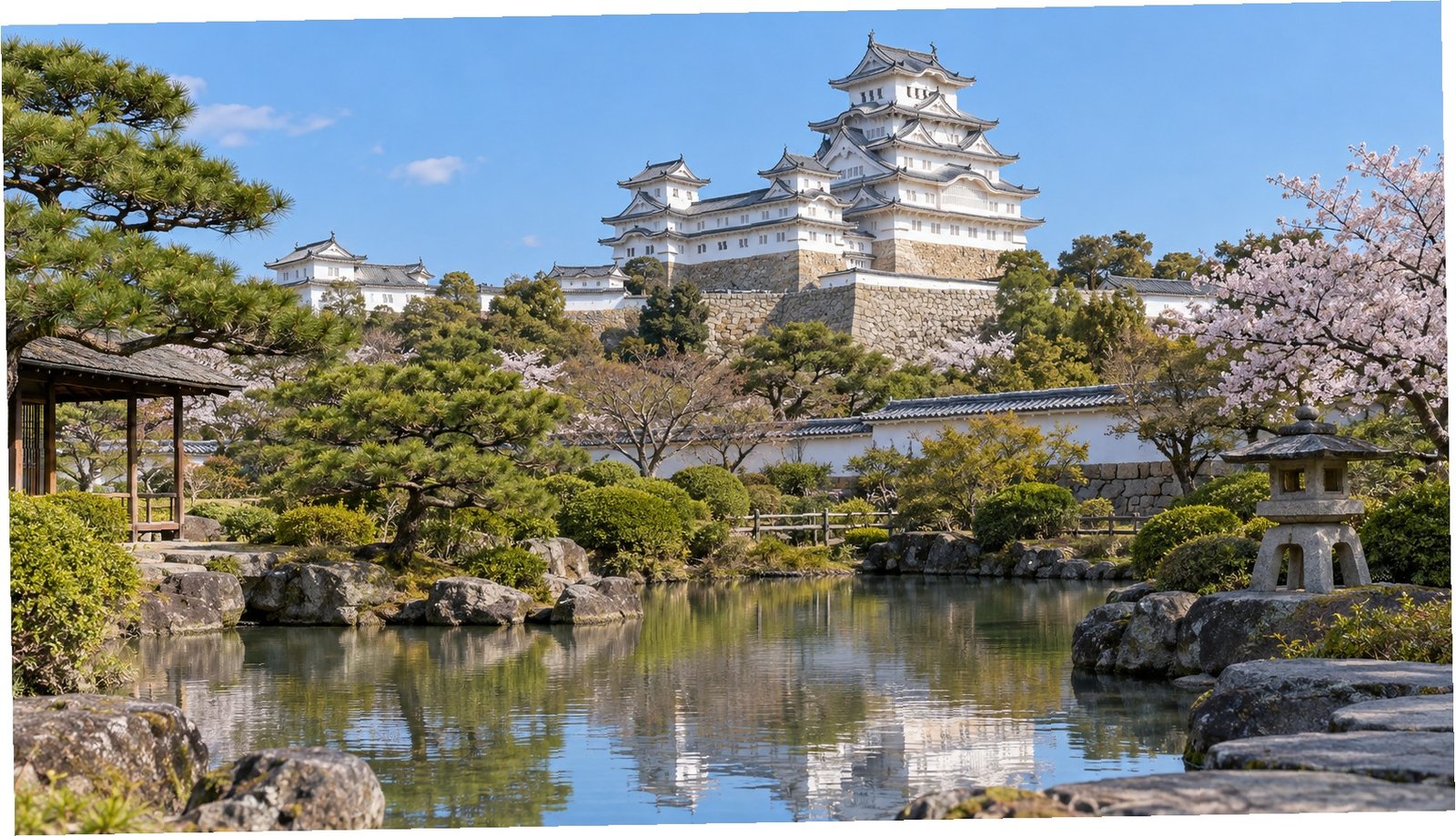Il castello bianco di Himeji visto dal giardino in una giornata limpida
