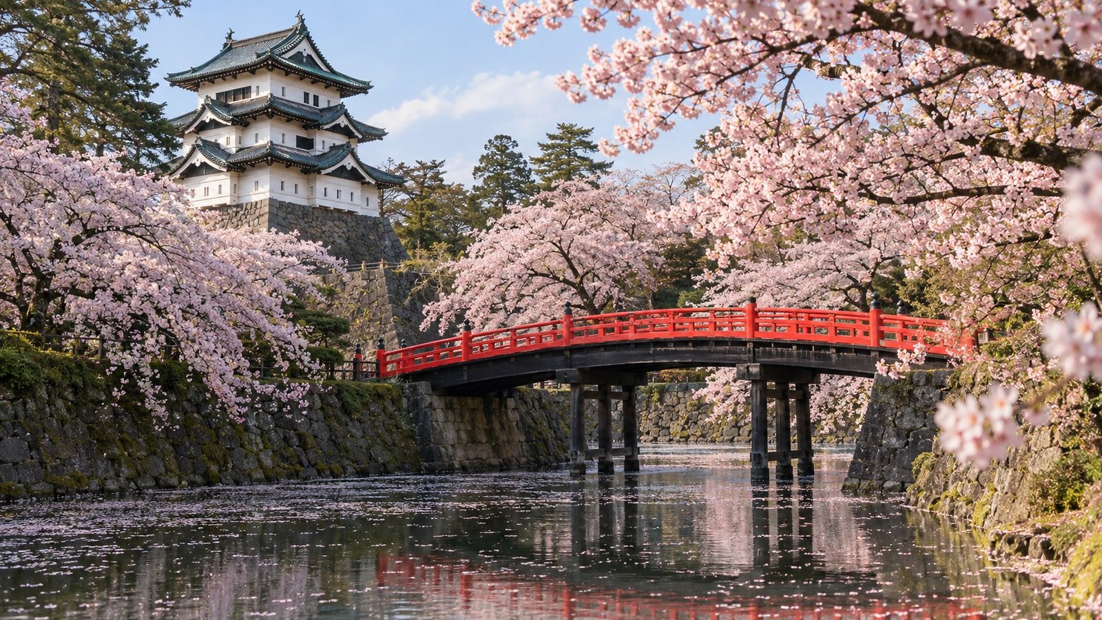 Castello di Hirosaki nel parco tra ponti e alberi in fiore