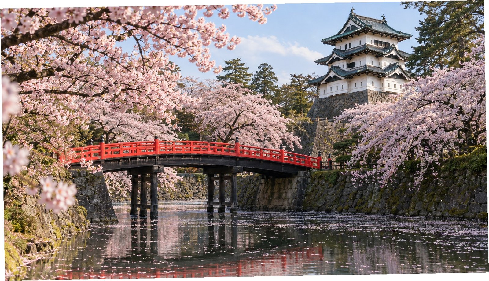 Castello di Hirosaki nel parco tra ponti e alberi in fiore