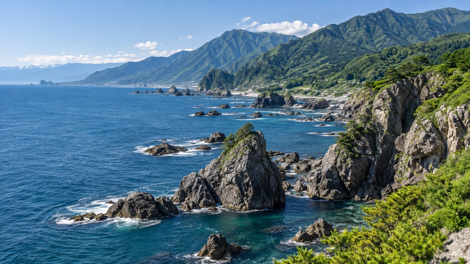 Costa rocciosa di Itoigawa sul Mar del Giappone con montagne verdi