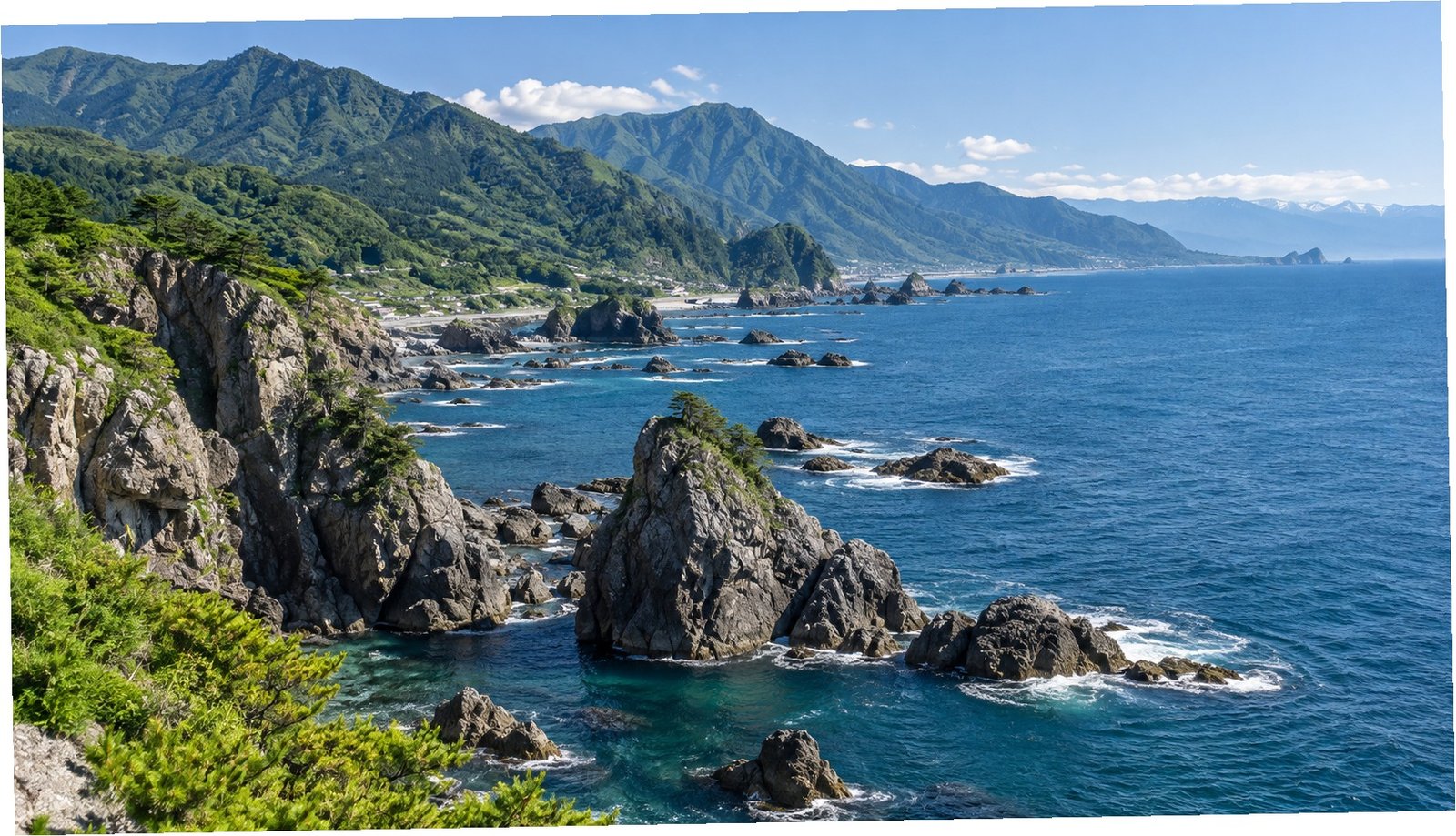 Costa rocciosa di Itoigawa sul Mar del Giappone con montagne verdi