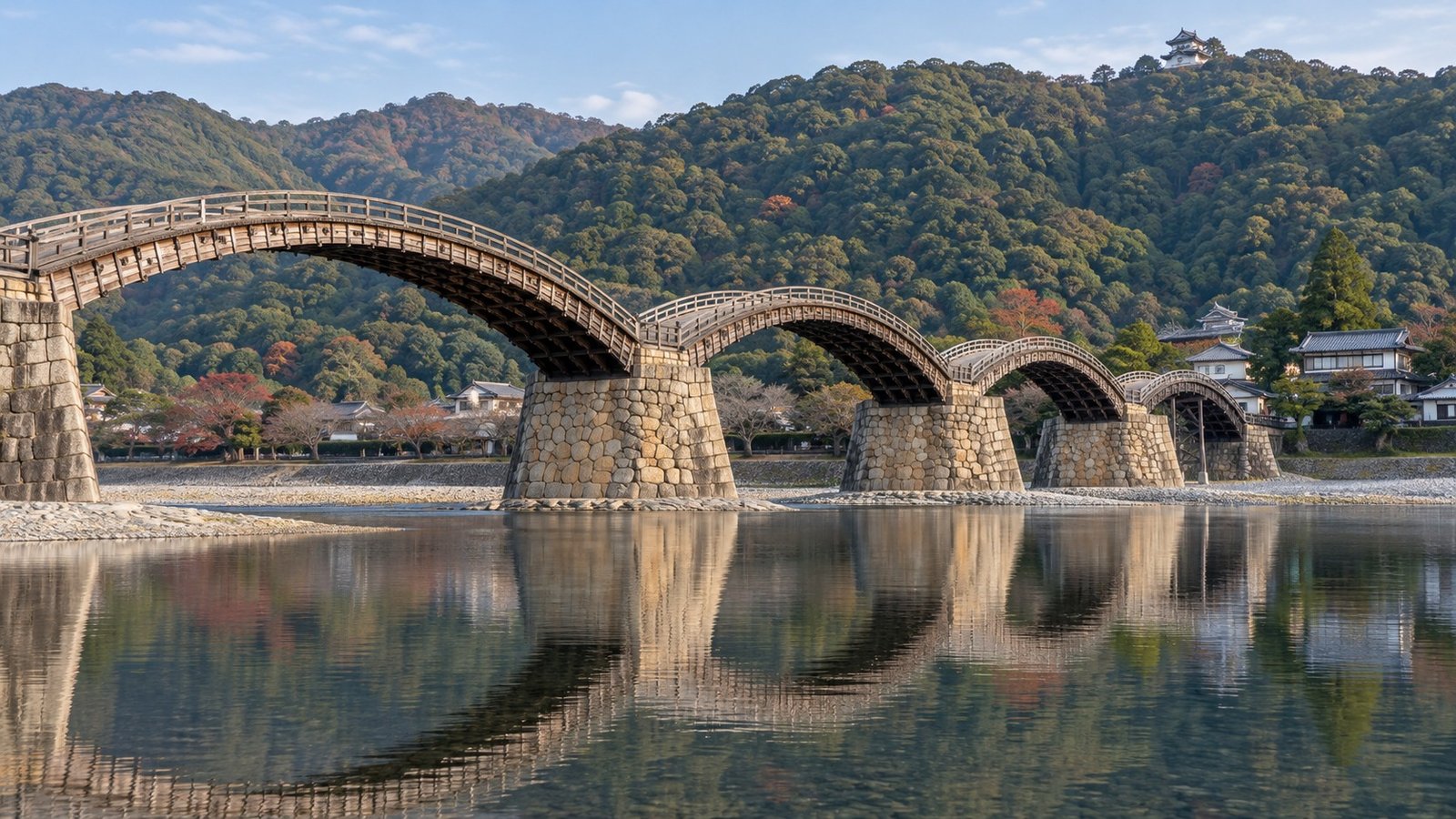 Il ponte Kintai sul fiume Nishiki tra le colline verdi di Iwakuni