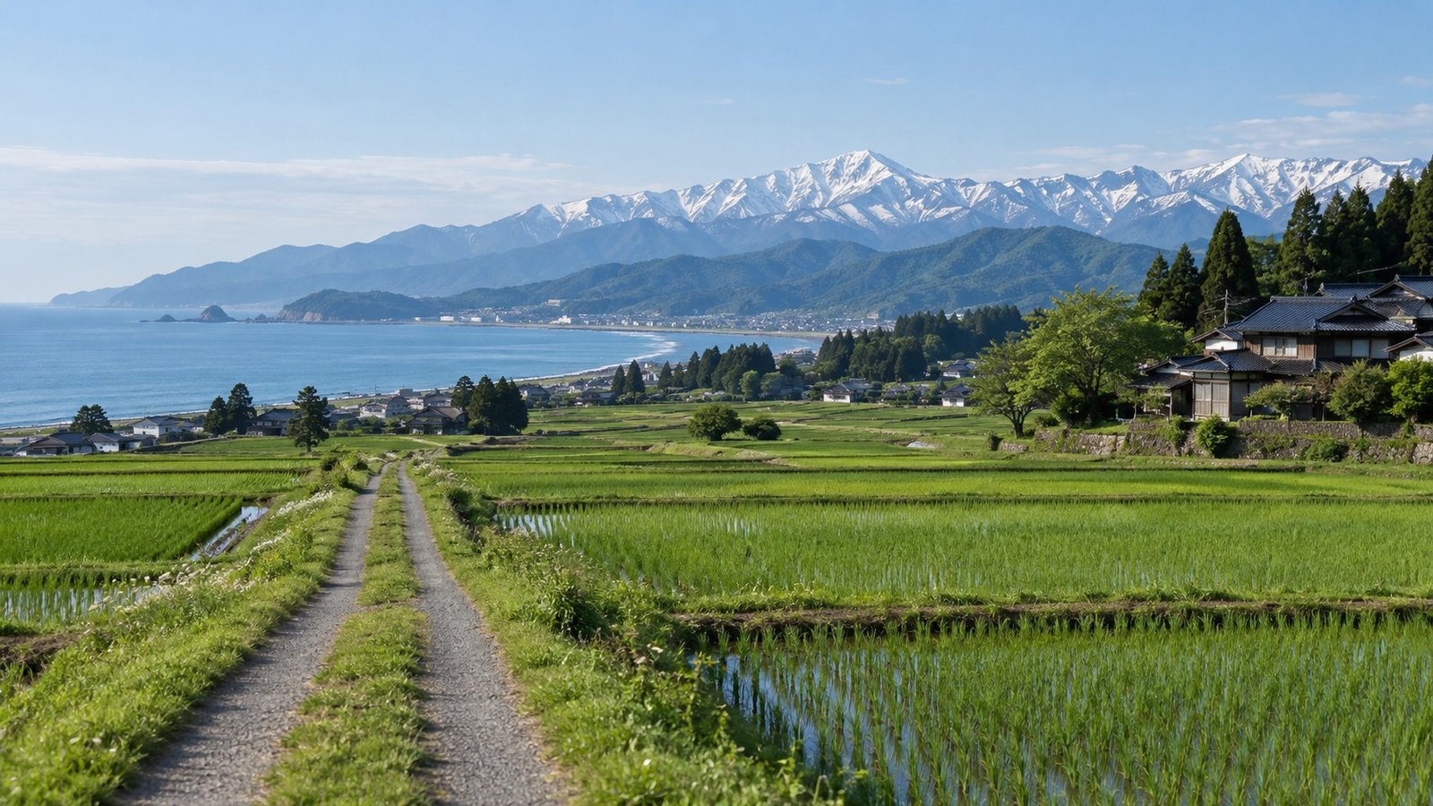 Campagna di Joetsu con risaie, sentiero rurale e montagne innevate