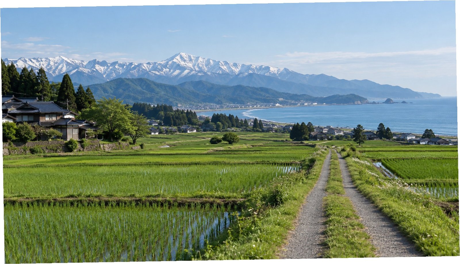 Campagna di Joetsu con risaie, sentiero rurale e montagne innevate