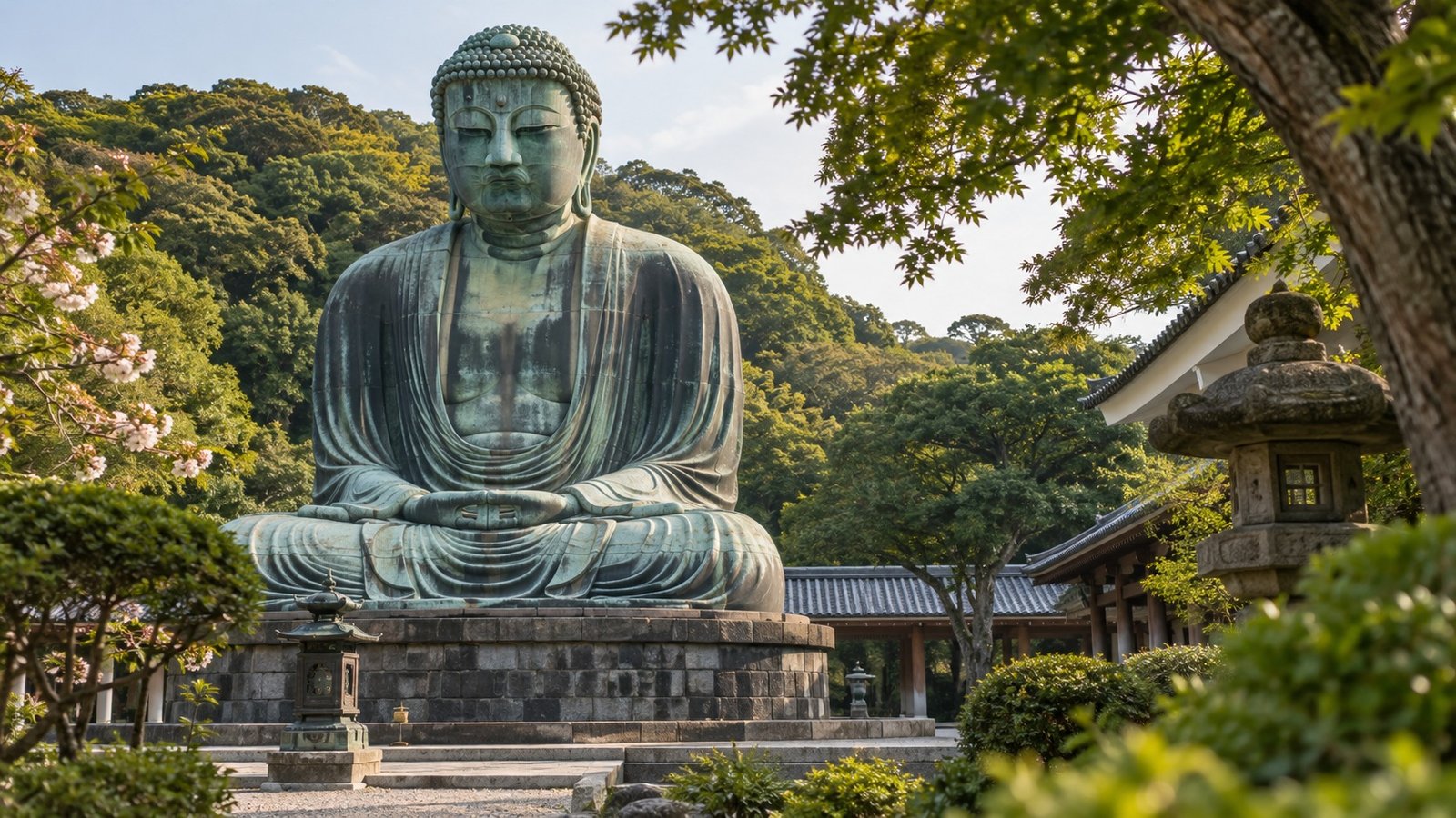 Grande Buddha di Kamakura in un giardino verdeggiante