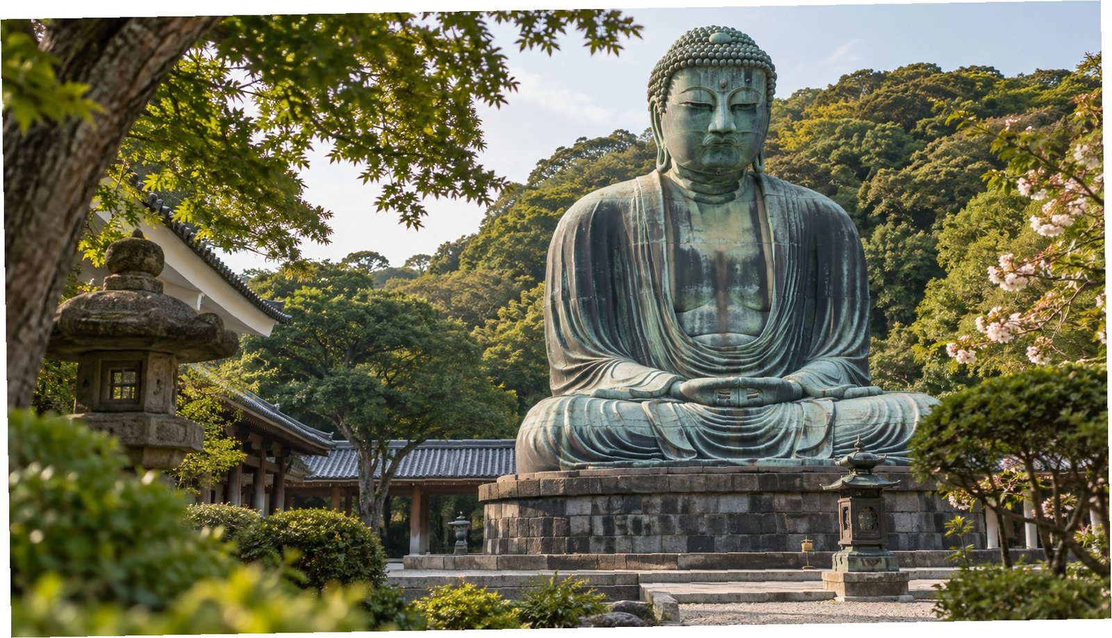 Grande Buddha di Kamakura in un giardino verdeggiante