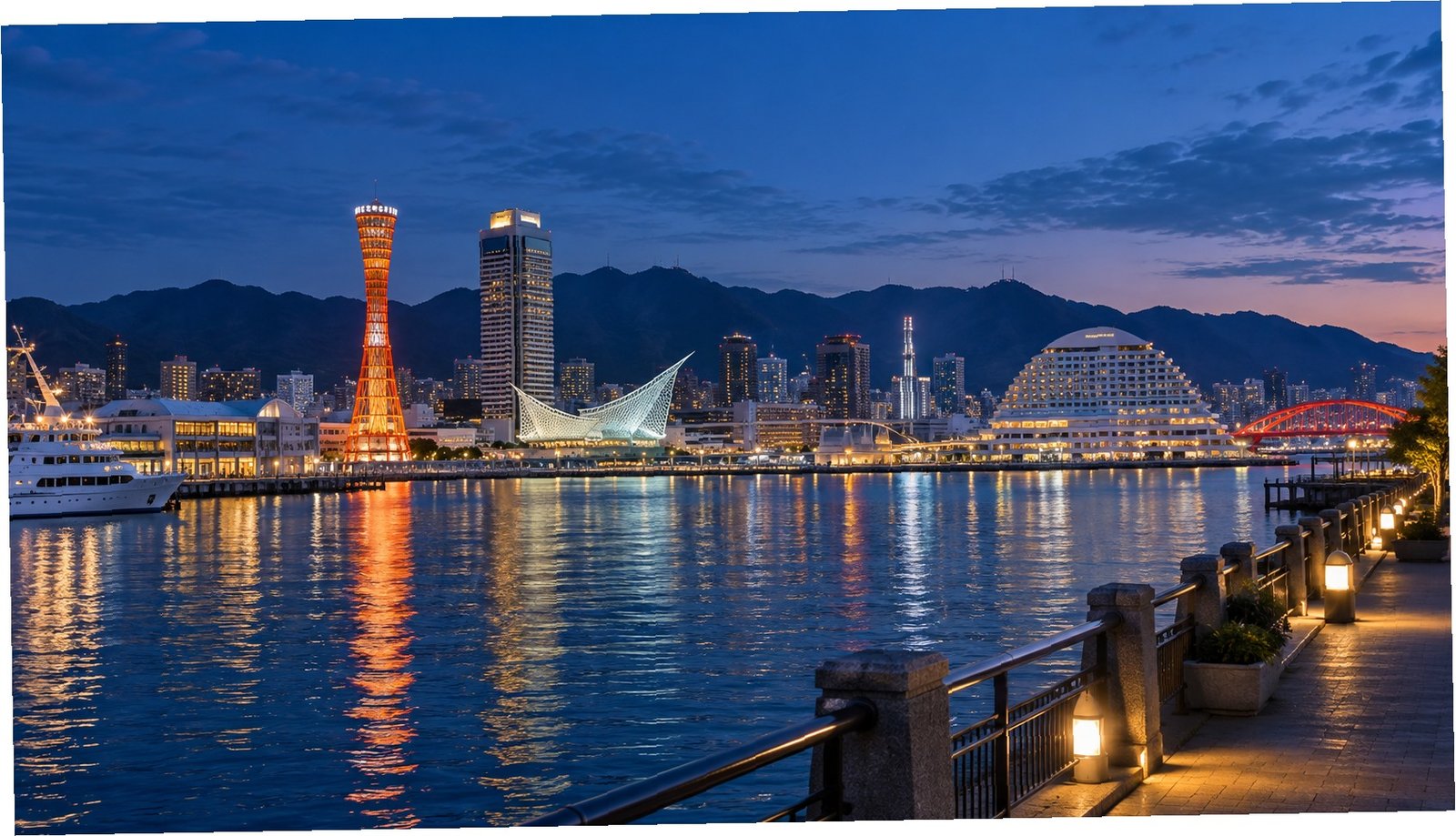 Lungomare di Kobe con il porto e le montagne di Rokko