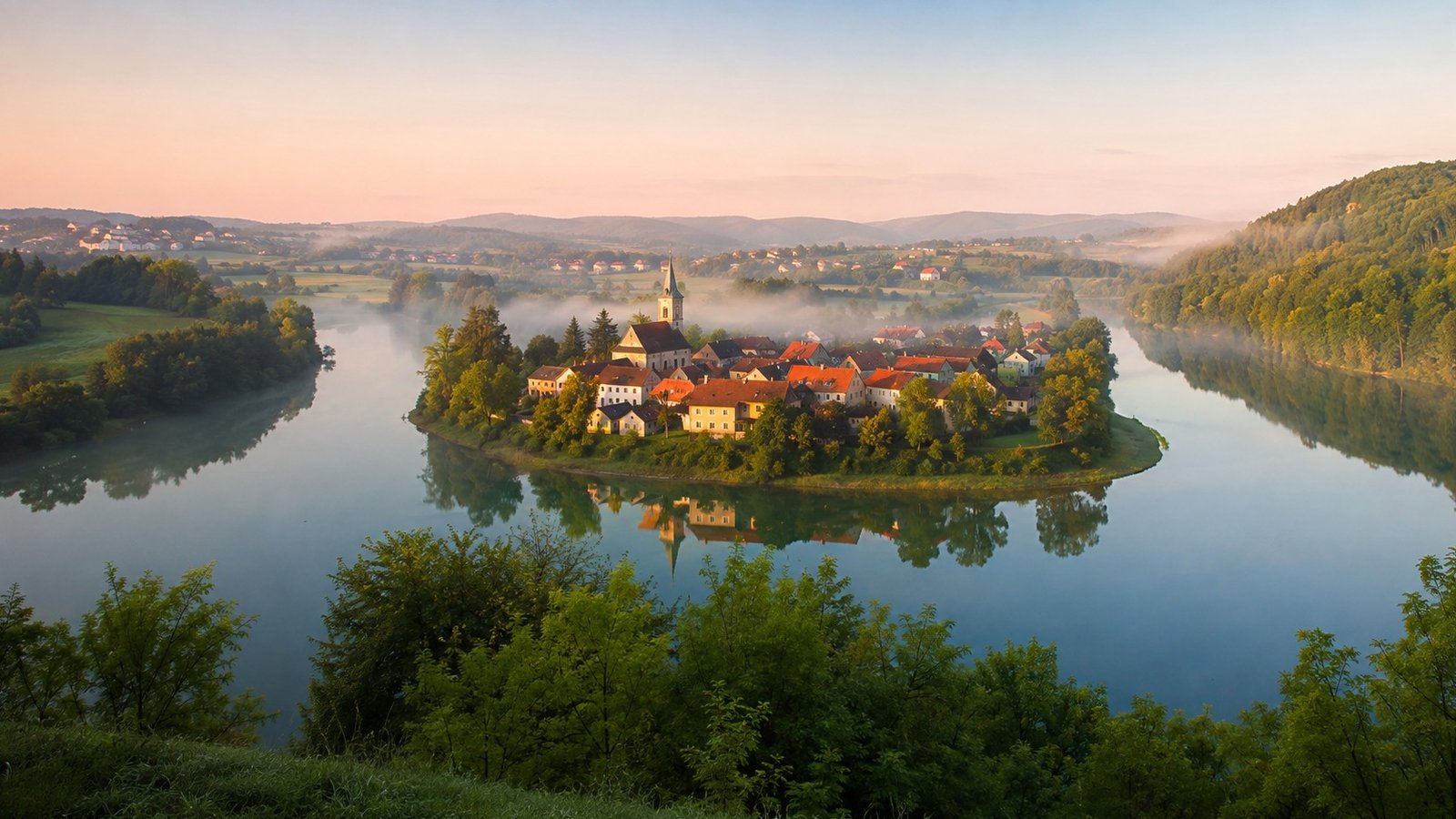 Fiume Krka e borgo di Kostanjevica na Krki tra acqua e colline della Dolenjska
