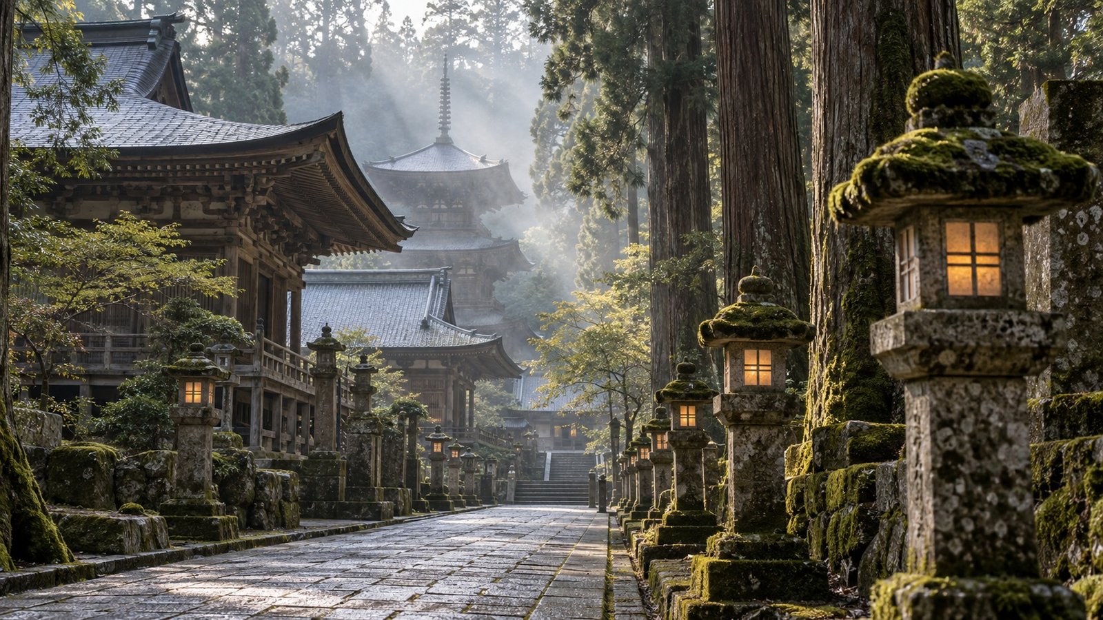 Lanterna in pietra tra i cedri e i templi di Koyasan