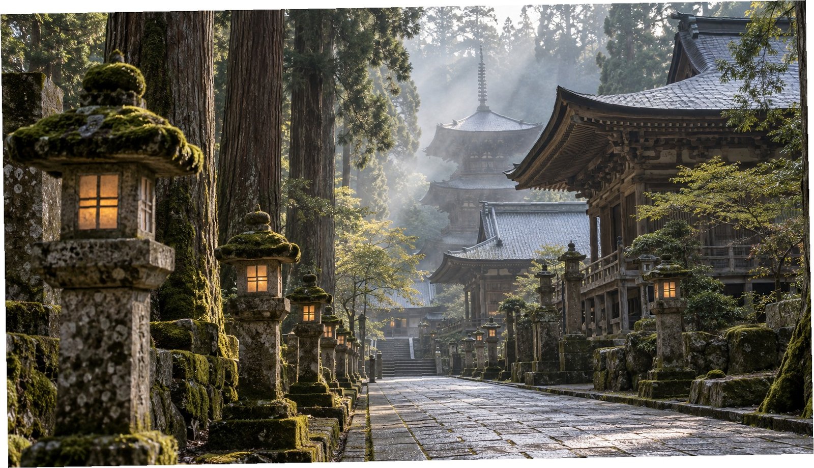 Lanterna in pietra tra i cedri e i templi di Koyasan