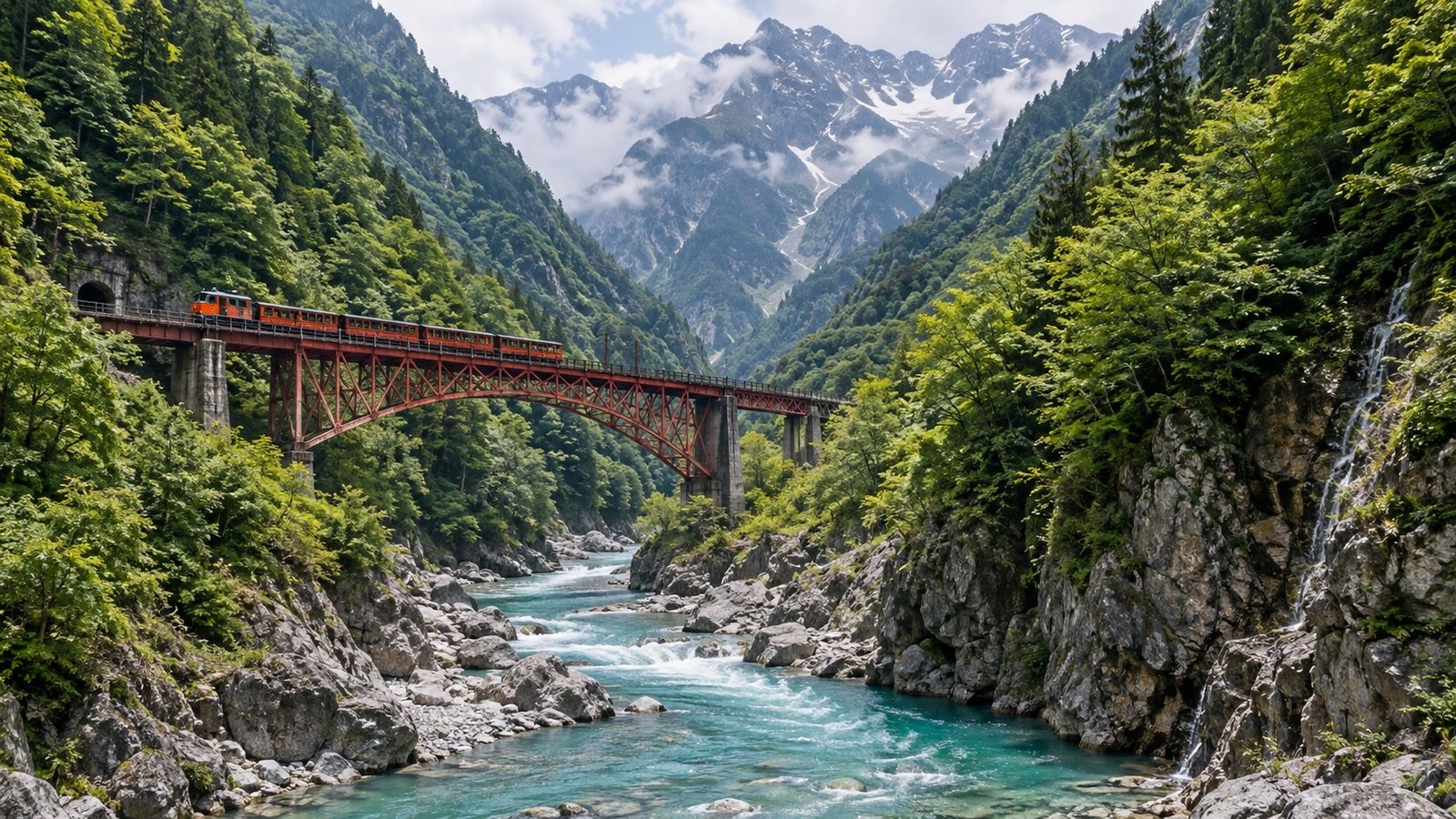Valle montana di Kurobe con fiume limpido e ponte ferroviario