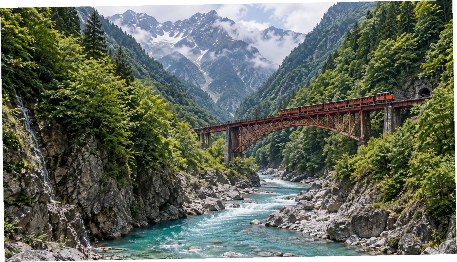 Valle montana di Kurobe con fiume limpido e ponte ferroviario