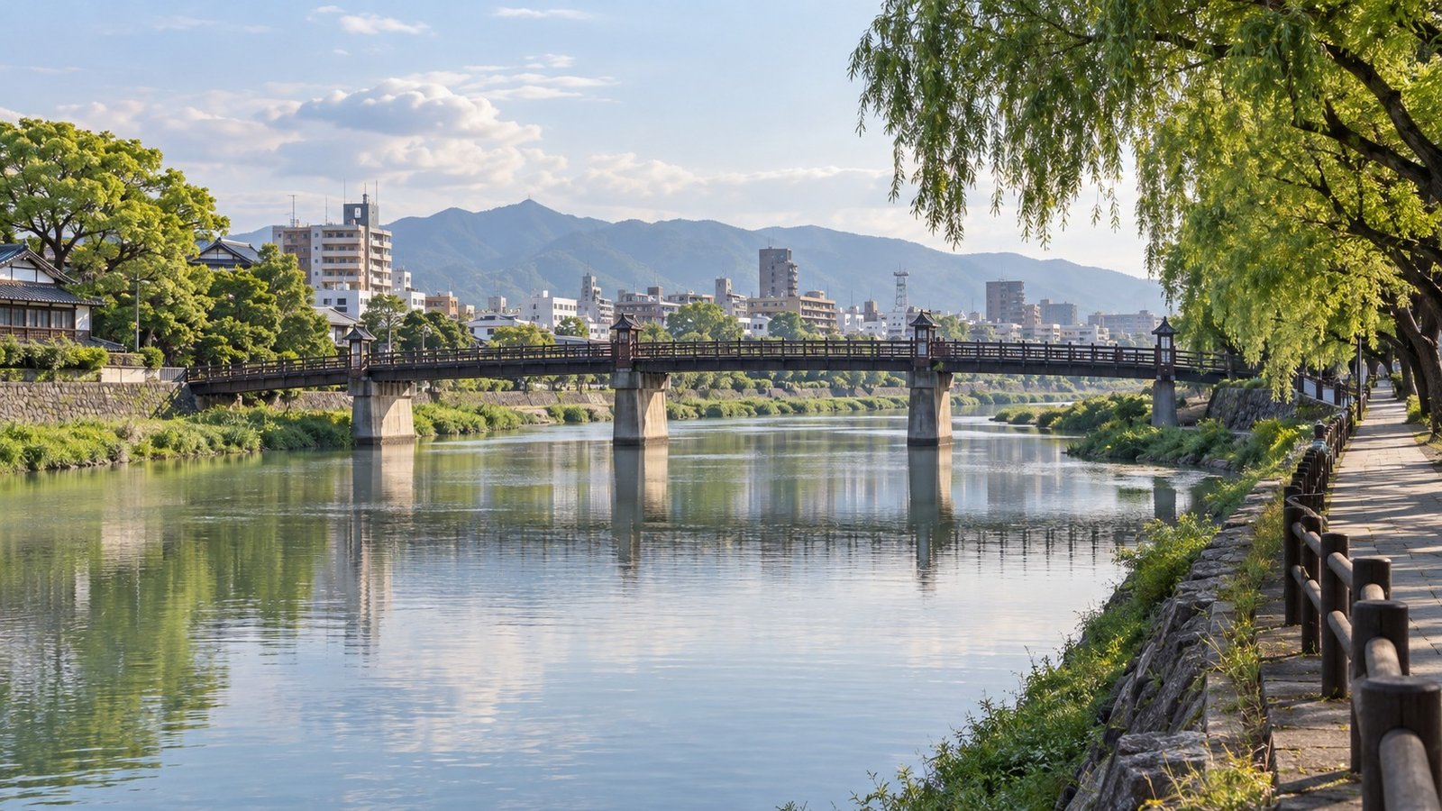 Paesaggio fluviale di Kurume lungo il Chikugo tra alberi e ponti