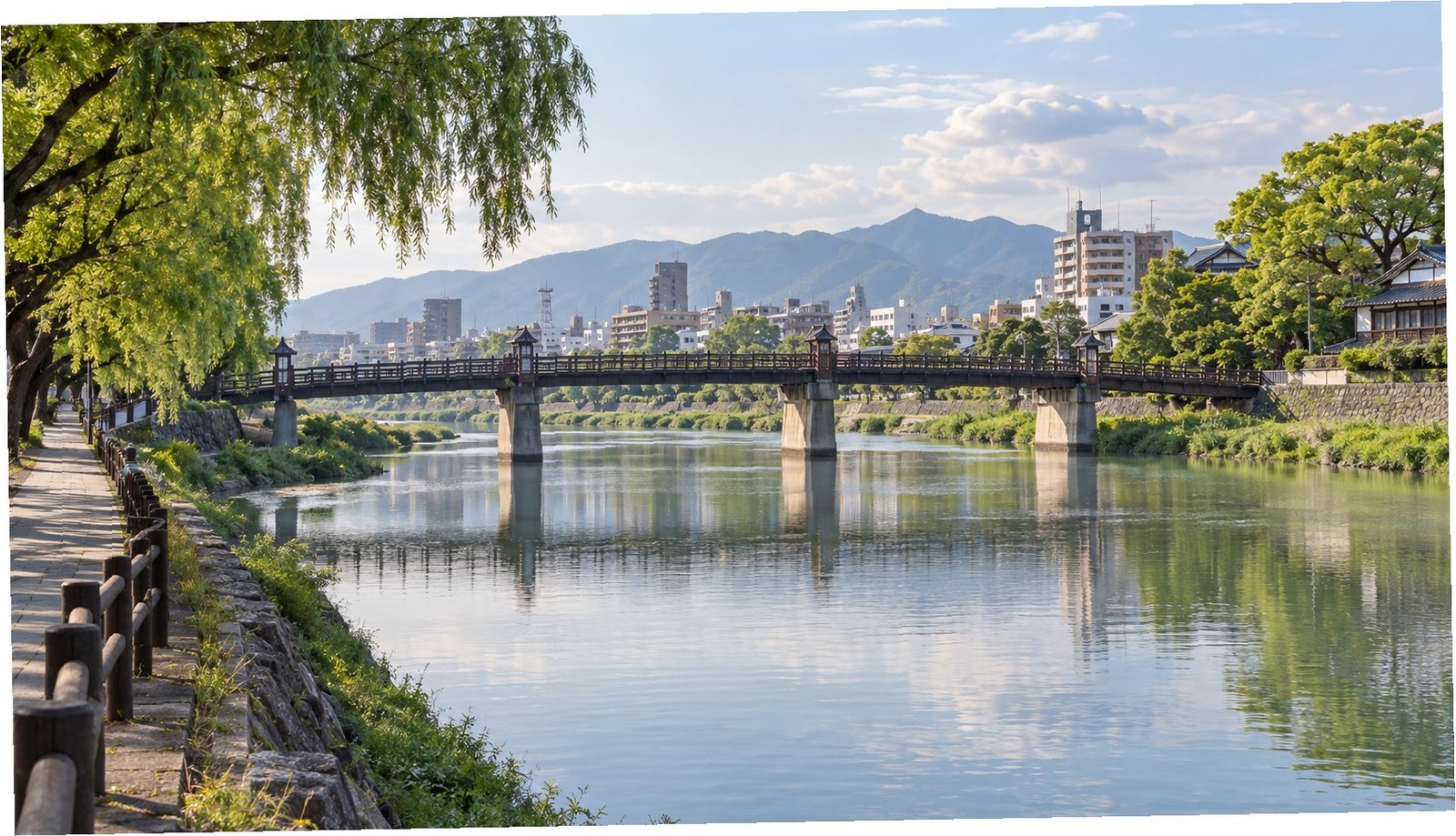 Paesaggio fluviale di Kurume lungo il Chikugo tra alberi e ponti