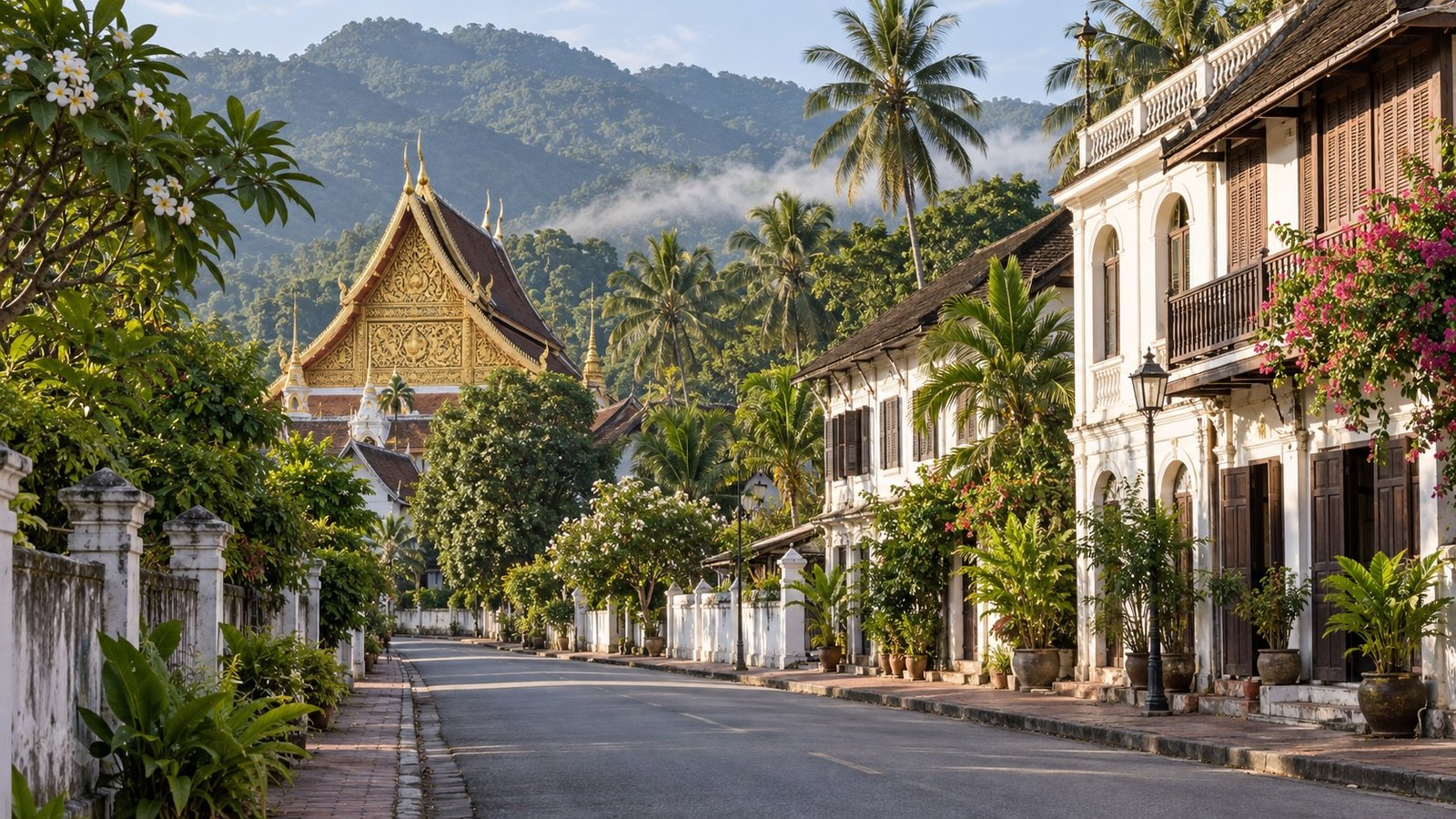 Tempio dorato e strada tranquilla di Luang Prabang