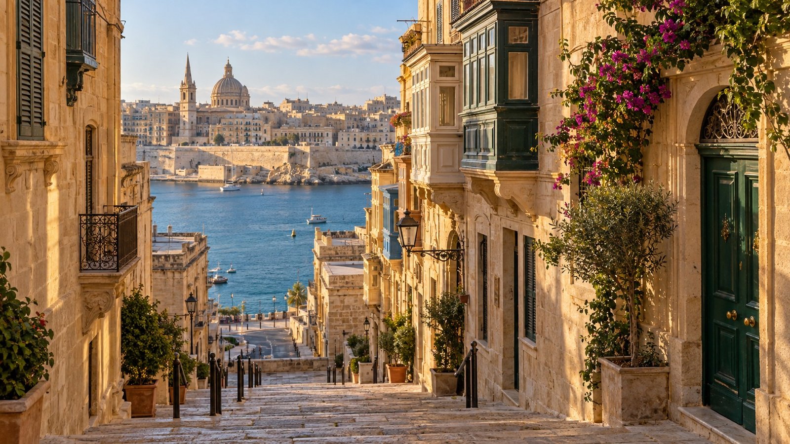 Strada storica in pietra dorata a La Valletta, Malta
