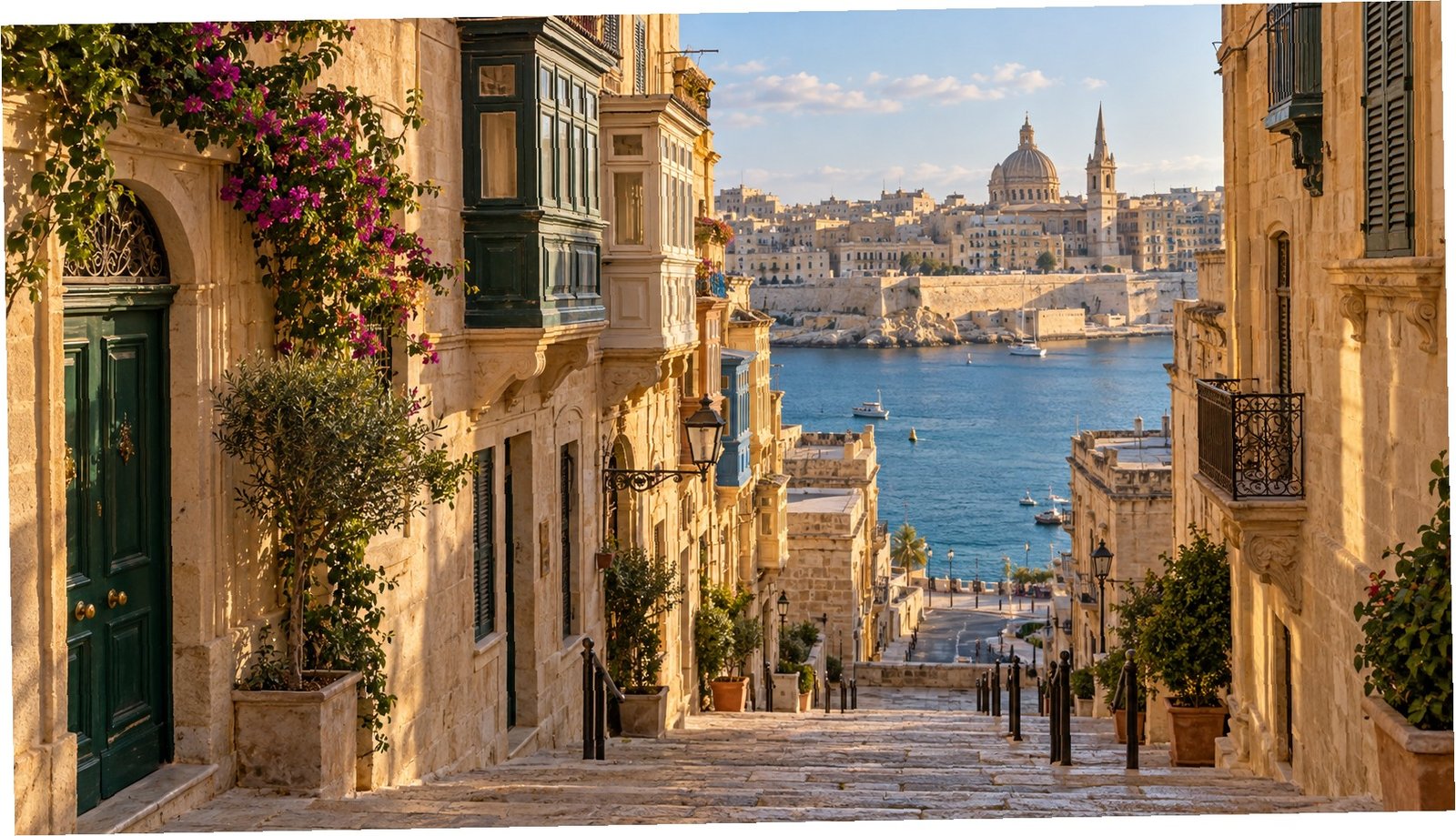 Strada storica in pietra dorata a La Valletta, Malta