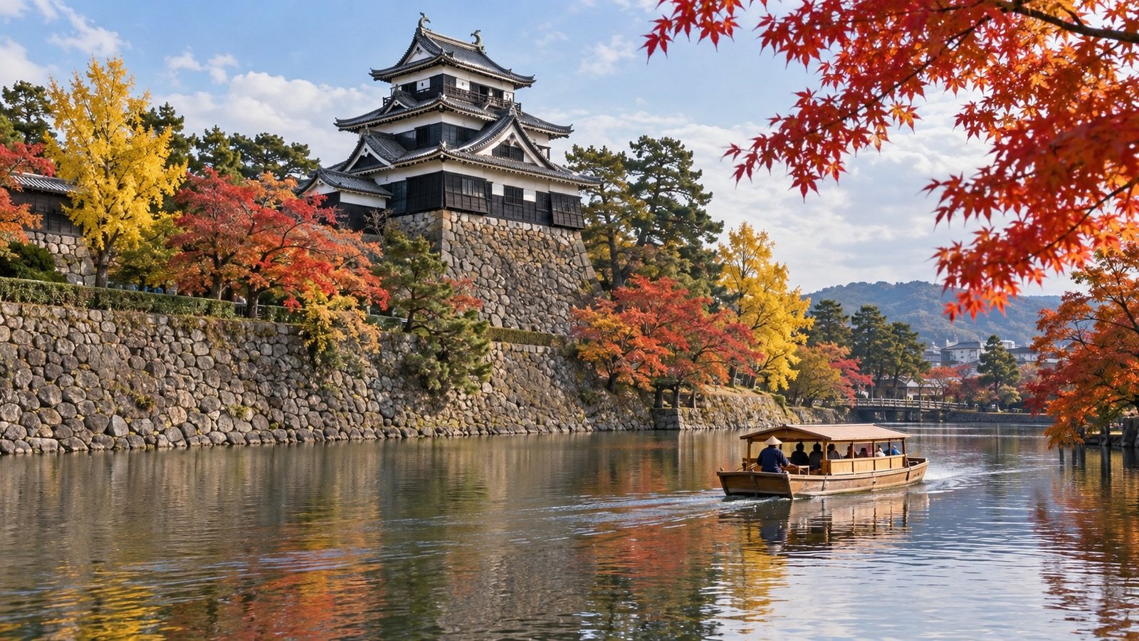 Castello di Matsue riflesso nel fossato tra gli alberi autunnali