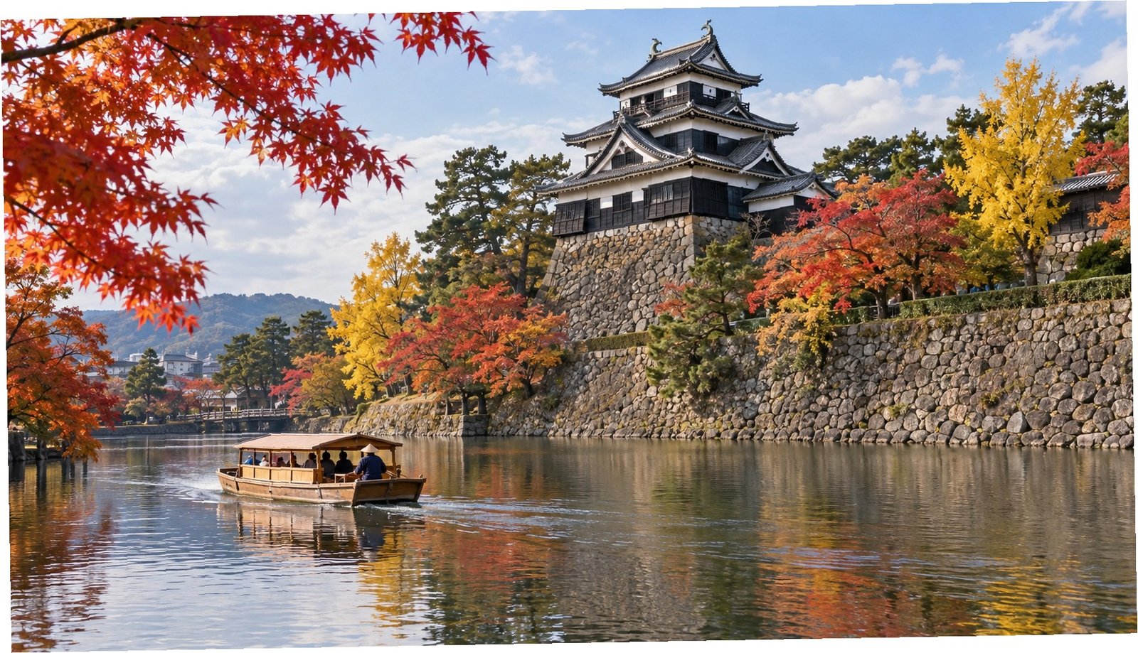 Castello di Matsue riflesso nel fossato tra gli alberi autunnali
