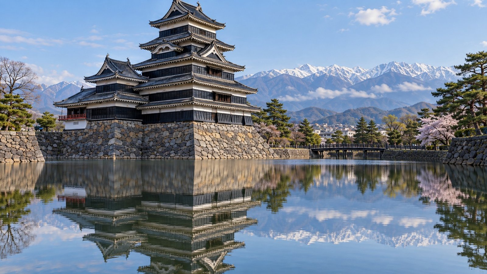 Castello nero di Matsumoto riflesso nell’acqua del fossato