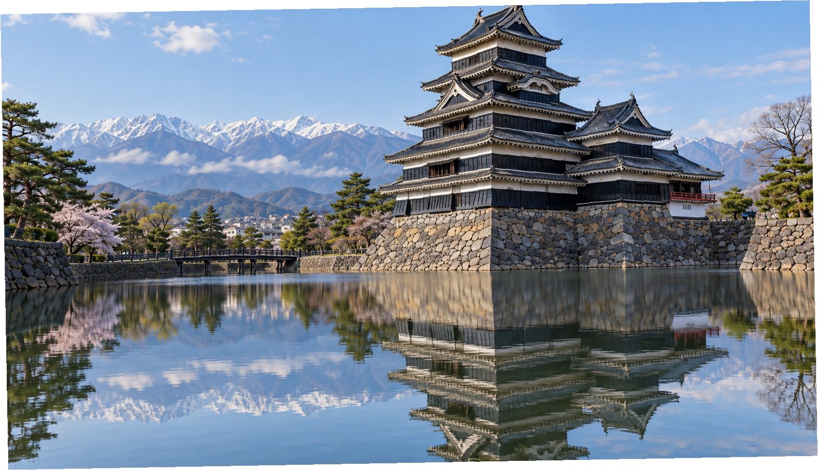 Castello nero di Matsumoto riflesso nell’acqua del fossato