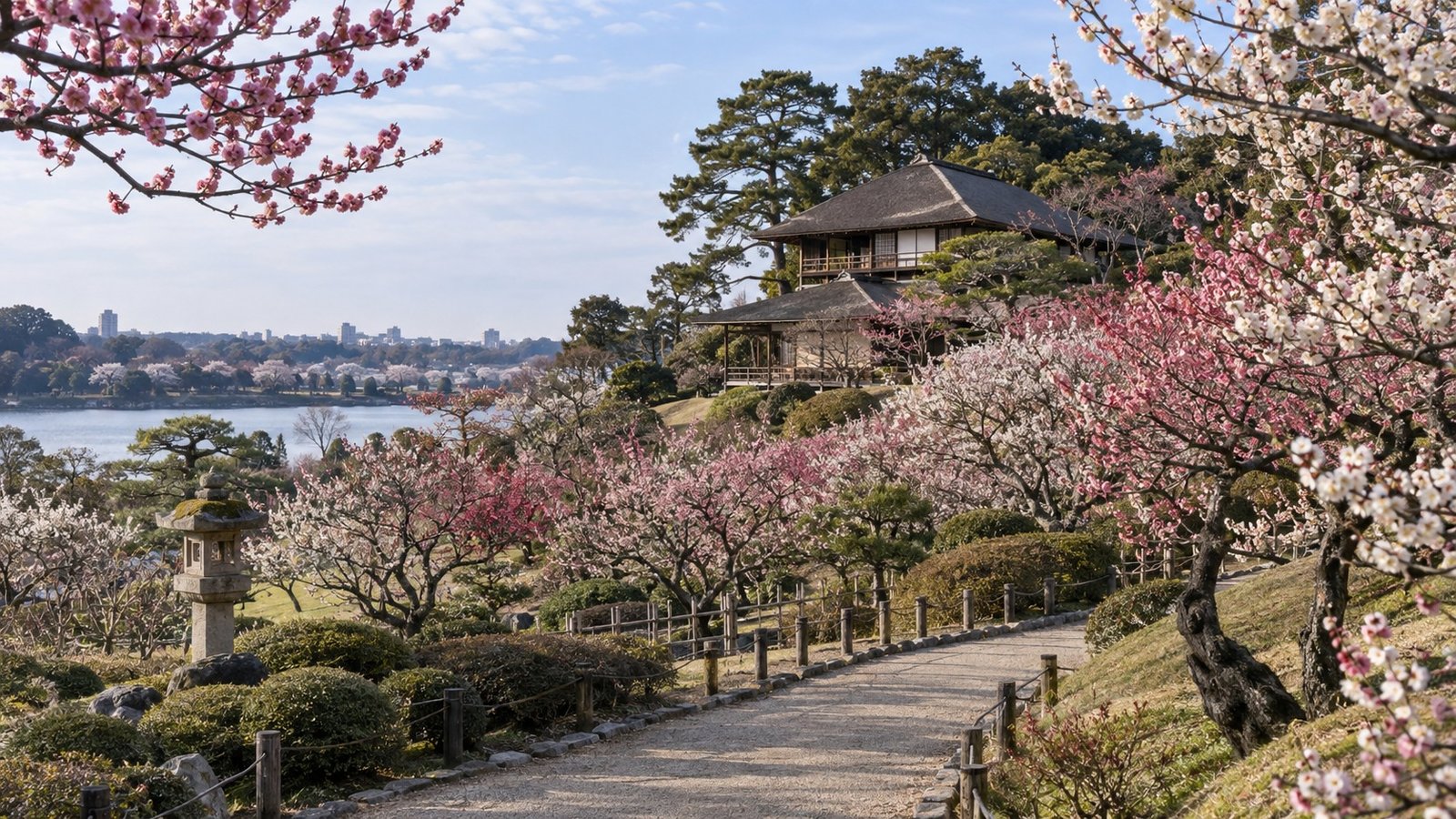 Sentiero alberato nel giardino Kairakuen di Mito tra i pruni