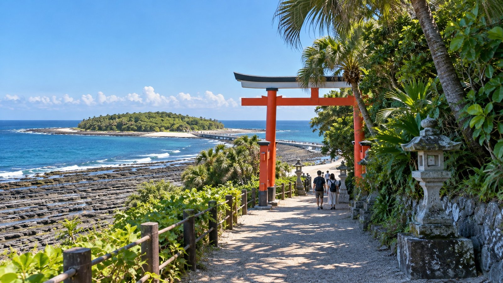 Il torii del santuario Aoshima tra vegetazione subtropicale e oceano