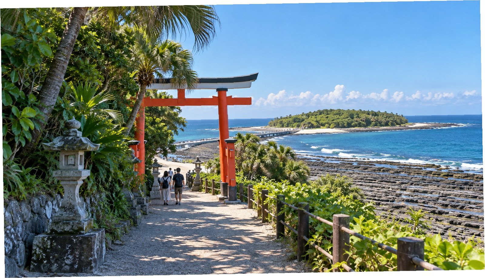 Il torii del santuario Aoshima tra vegetazione subtropicale e oceano