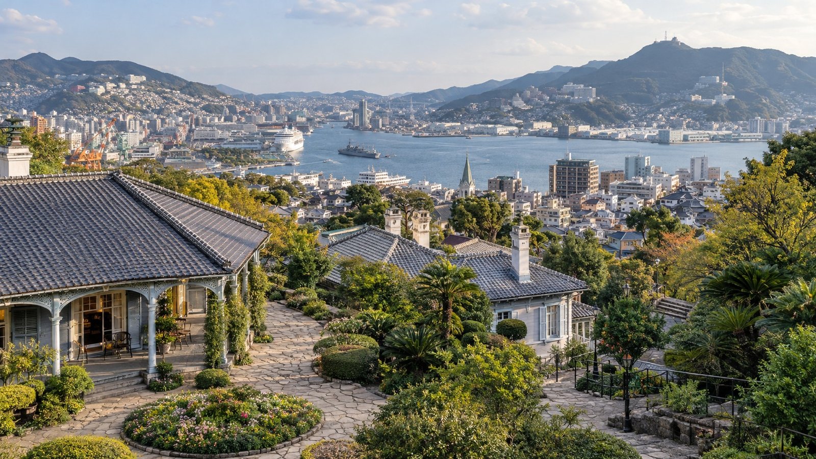 Panorama del porto di Nagasaki dalle colline della città