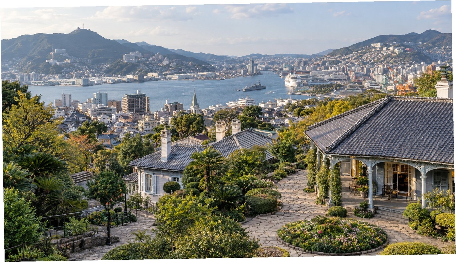 Panorama del porto di Nagasaki dalle colline della città