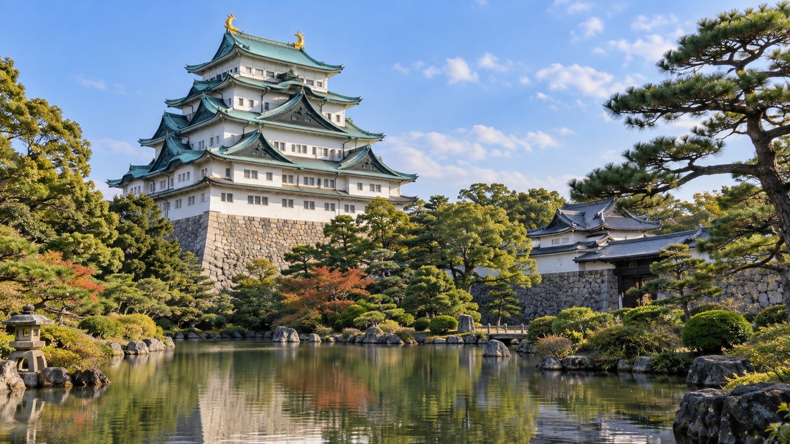 Castello di Nagoya con tetti dorati nel giardino storico