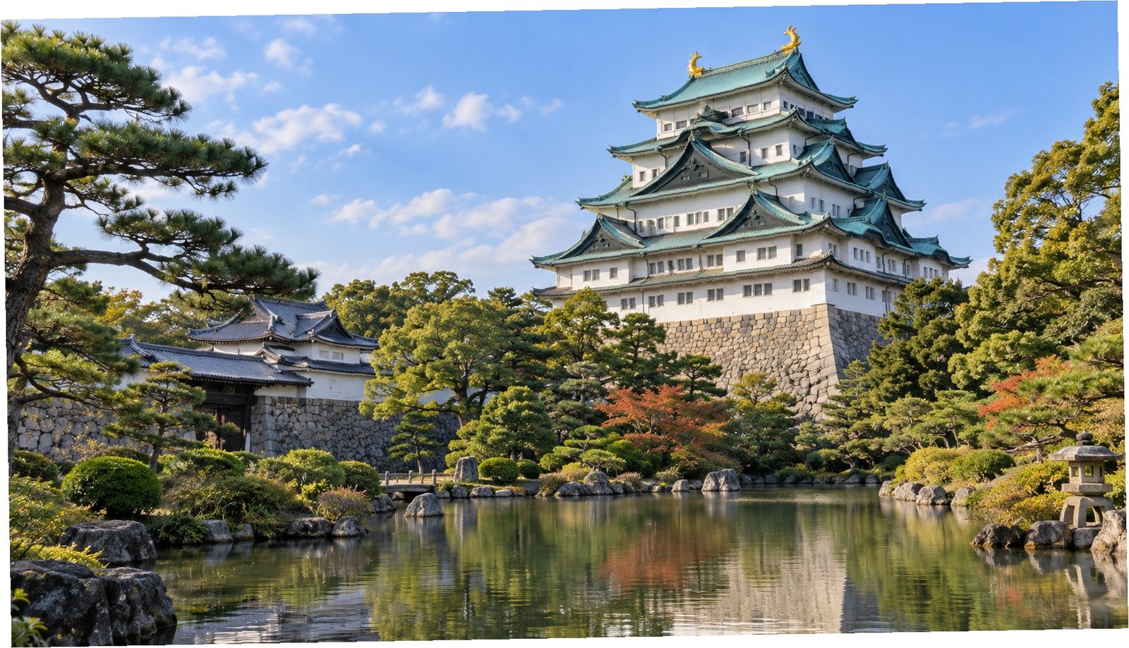 Castello di Nagoya con tetti dorati nel giardino storico