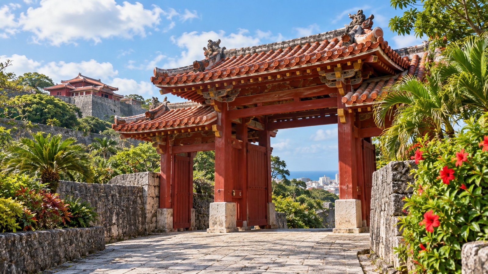 Porta tradizionale rossa di Okinawa tra vegetazione subtropicale a Naha