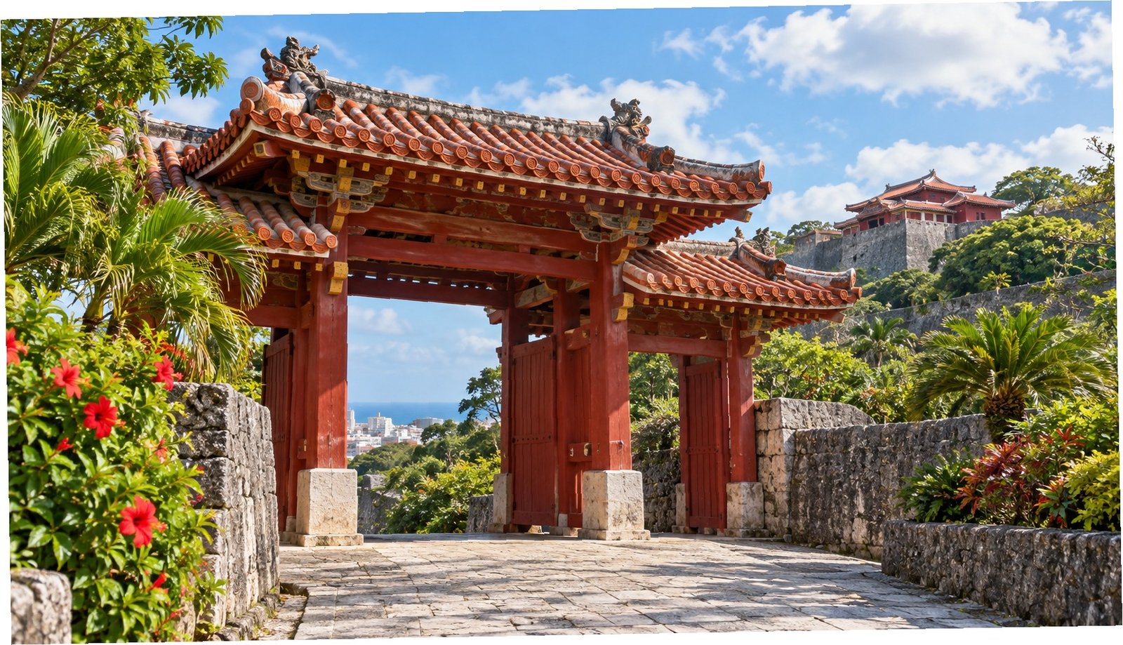 Porta tradizionale rossa di Okinawa tra vegetazione subtropicale a Naha