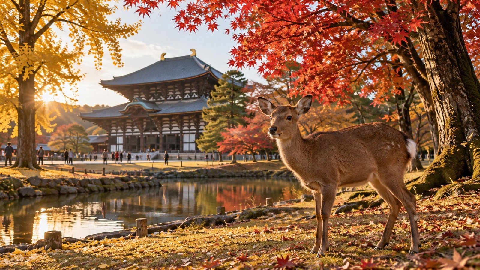 Cervo nel parco di Nara vicino a un tempio tradizionale