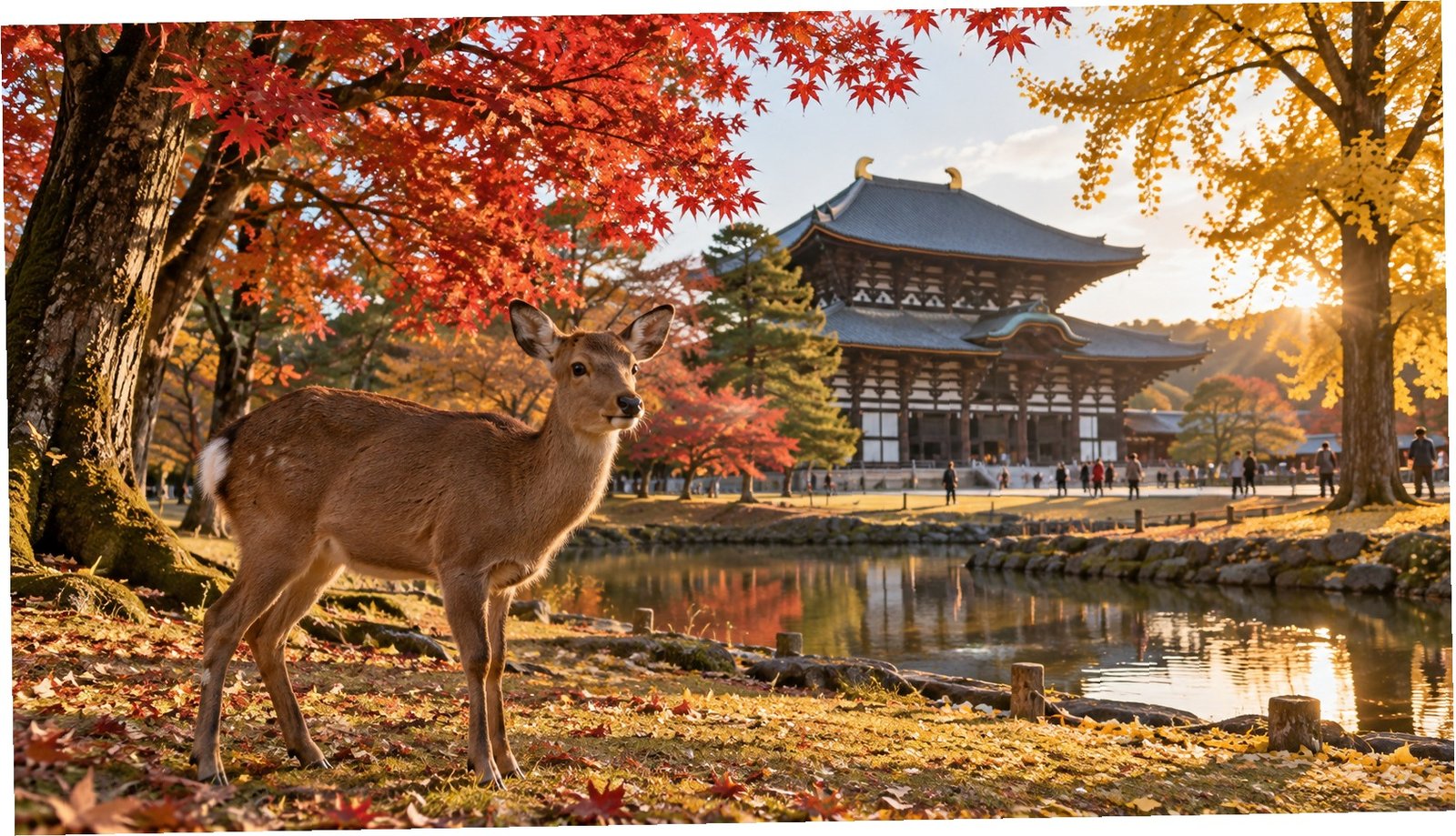 Cervo nel parco di Nara vicino a un tempio tradizionale