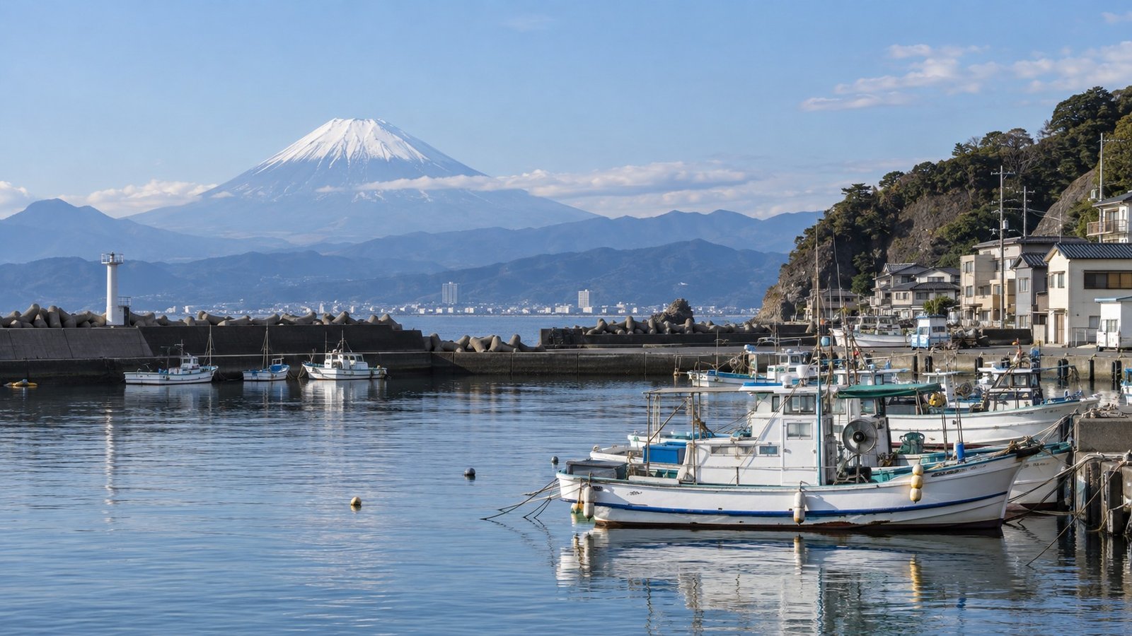 Porto di pescatori di Numazu con la baia di Suruga e il Fuji sullo sfondo