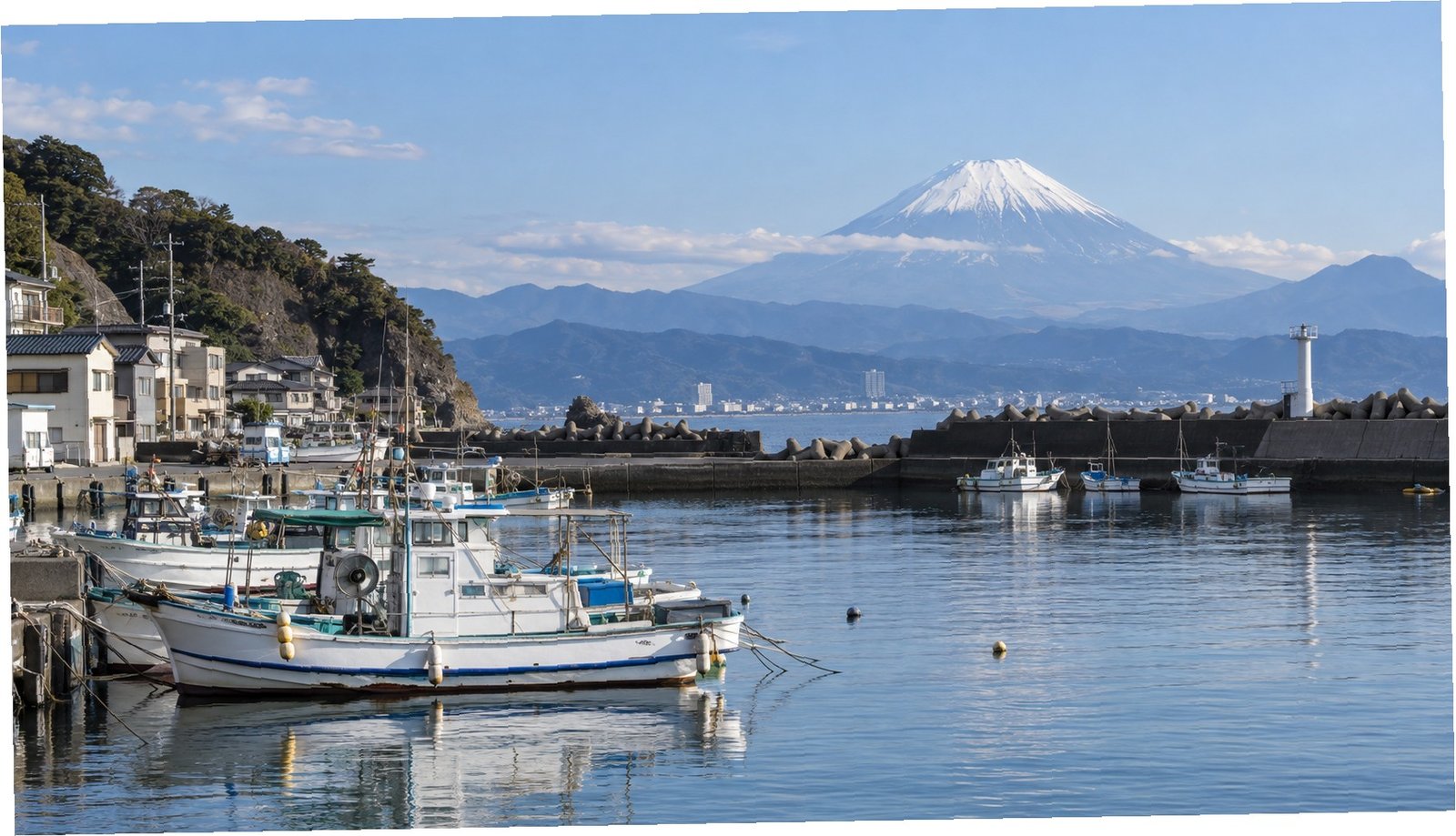 Porto di pescatori di Numazu con la baia di Suruga e il Fuji sullo sfondo
