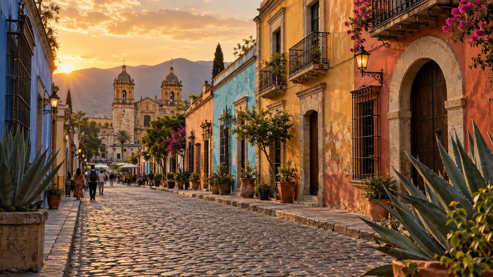 Centro storico di Oaxaca tra facciate coloniali e agavi