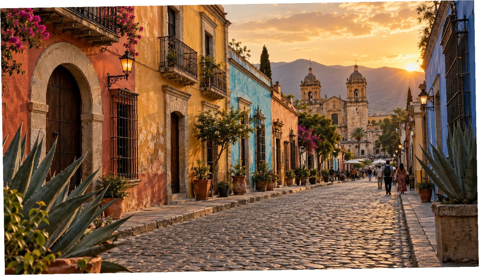 Centro storico di Oaxaca tra facciate coloniali e agavi