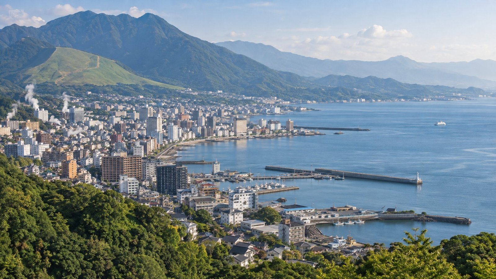 Baia di Beppu e montagne verdi viste dalla costa di Oita
