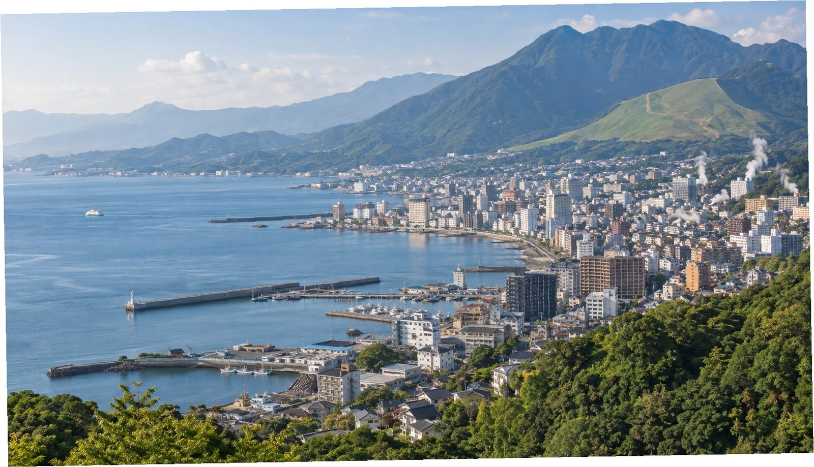 Baia di Beppu e montagne verdi viste dalla costa di Oita