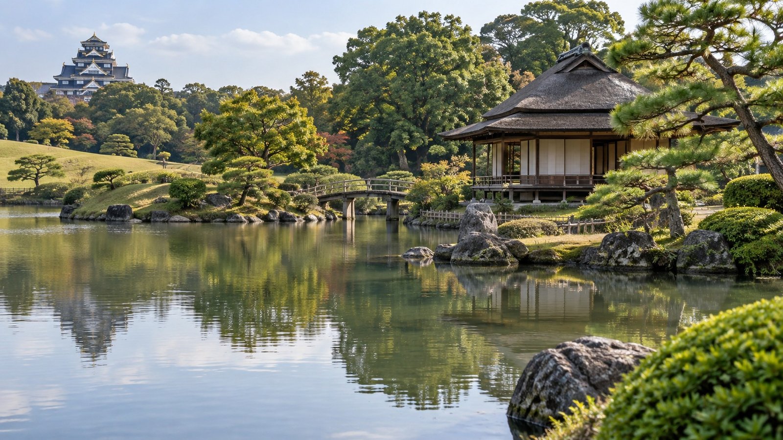 Padiglione tradizionale nel giardino Korakuen di Okayama