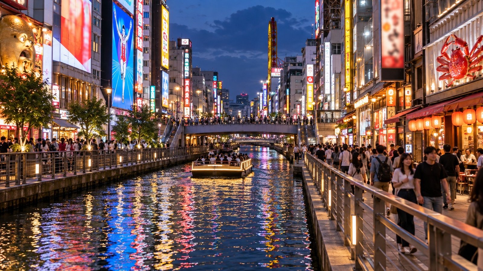 Canale di Dotonbori a Osaka tra ponti e insegne luminose