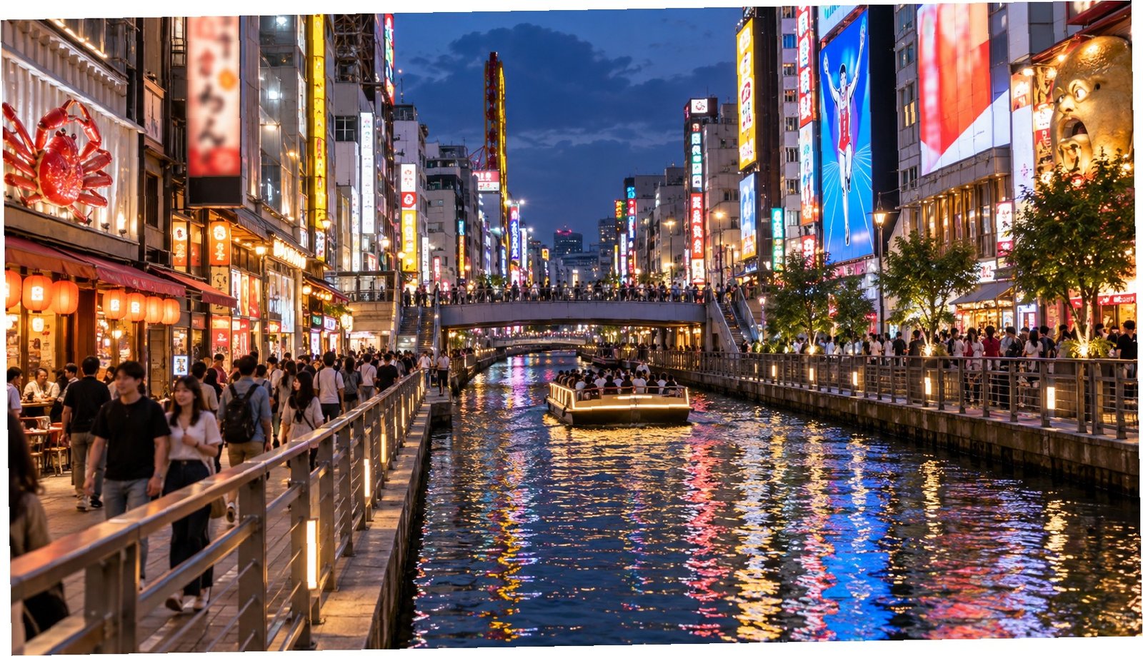 Canale di Dotonbori a Osaka tra ponti e insegne luminose