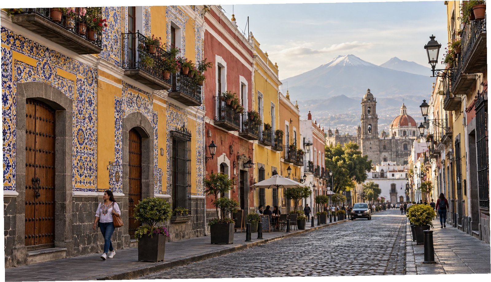 Strada coloniale di Puebla con facciate decorate